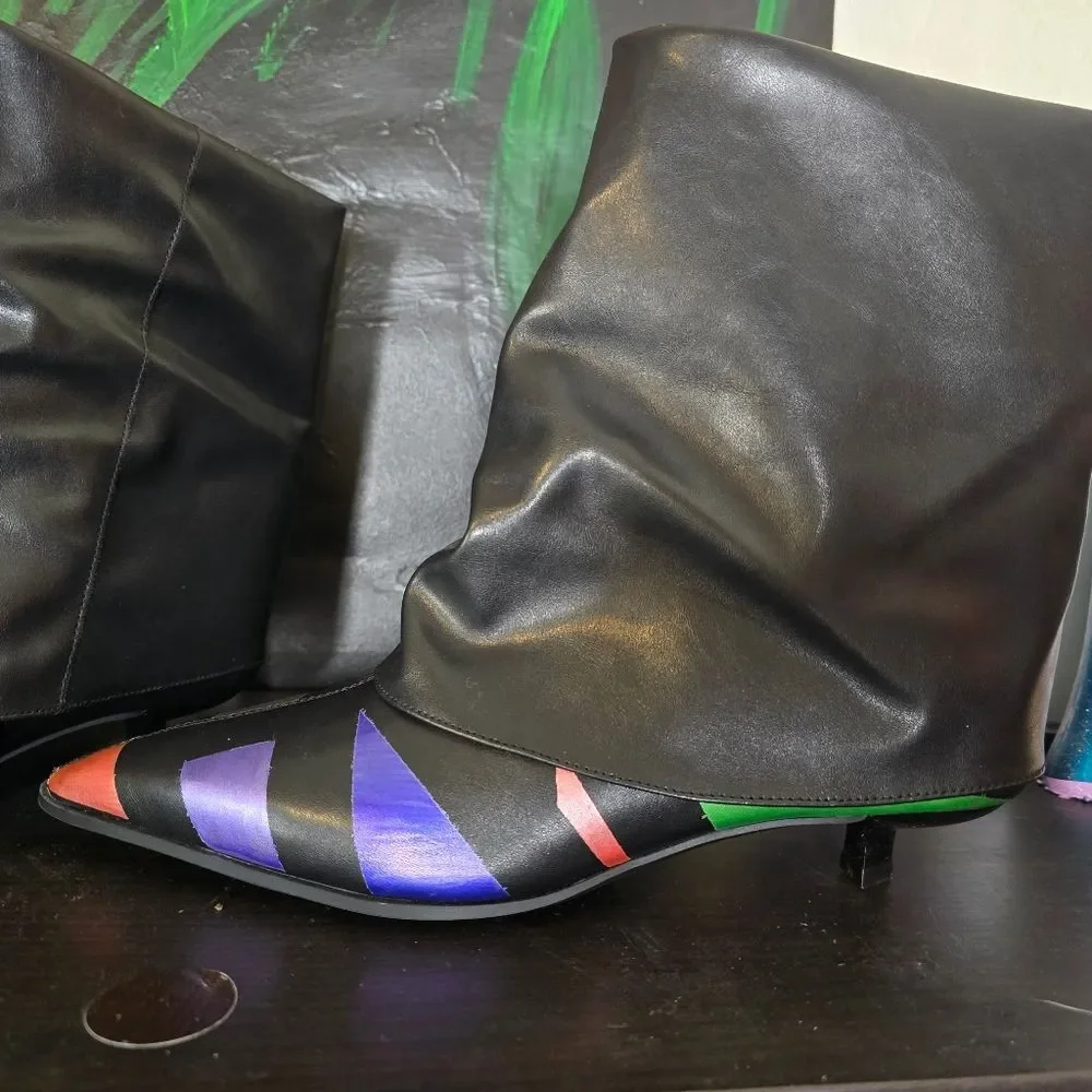 HANDCRAFTED Upcycled Abstract Ankle Boots HANDPAINTED Kitten Heel Slouch Booties